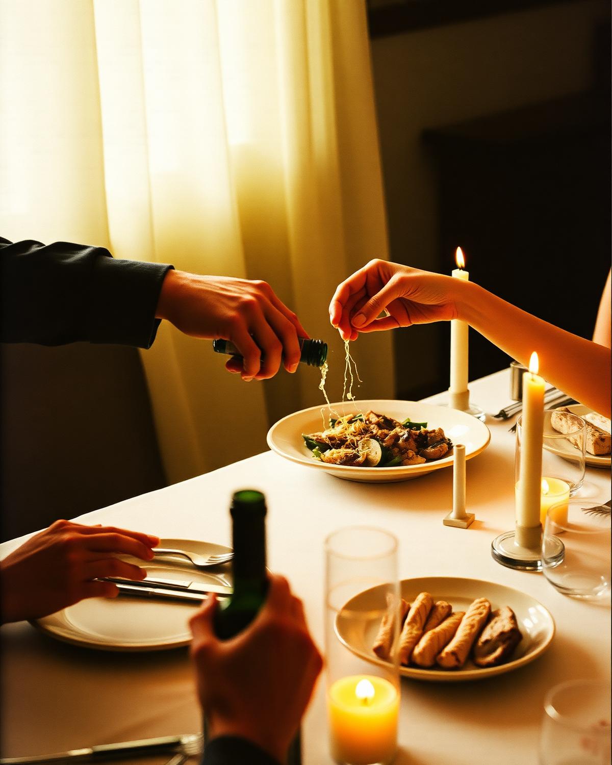 Hands sharing food across a candlelit table