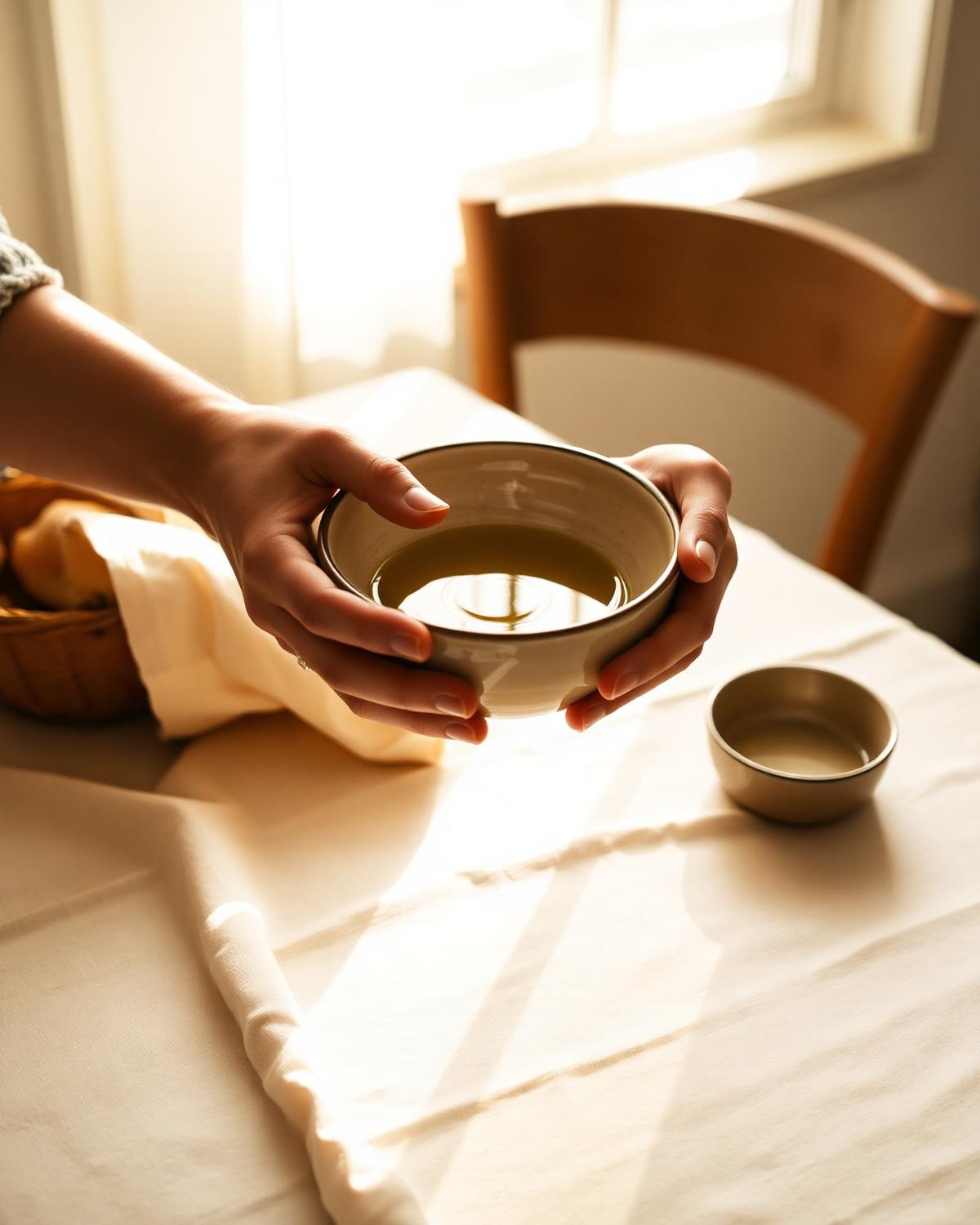 Hands holding a ceramic bowl over a linen tablecloth